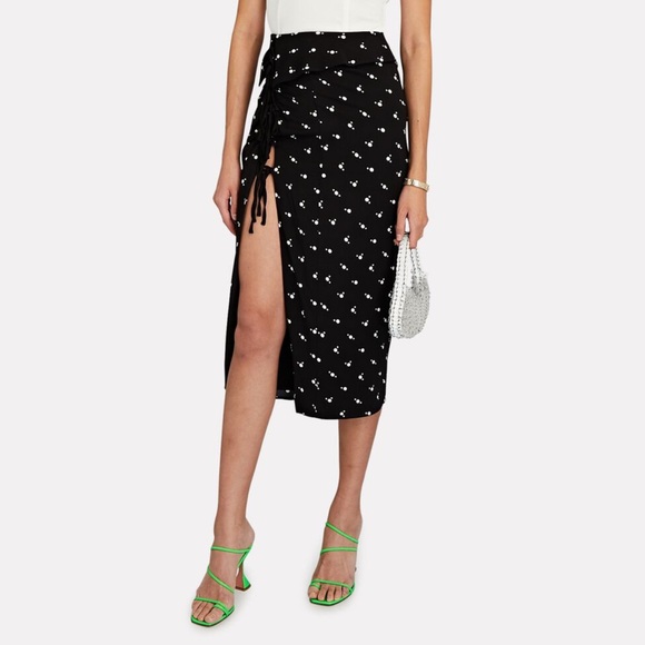 Self Portrait Polka Dot Ruched Black Midi Slit Skirt 2 - Picture 1 of 8